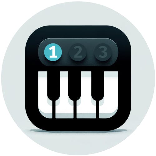 Square icon of a musical keyboard with a 1 highlighted in blue representing the first step to create a midi keyboard