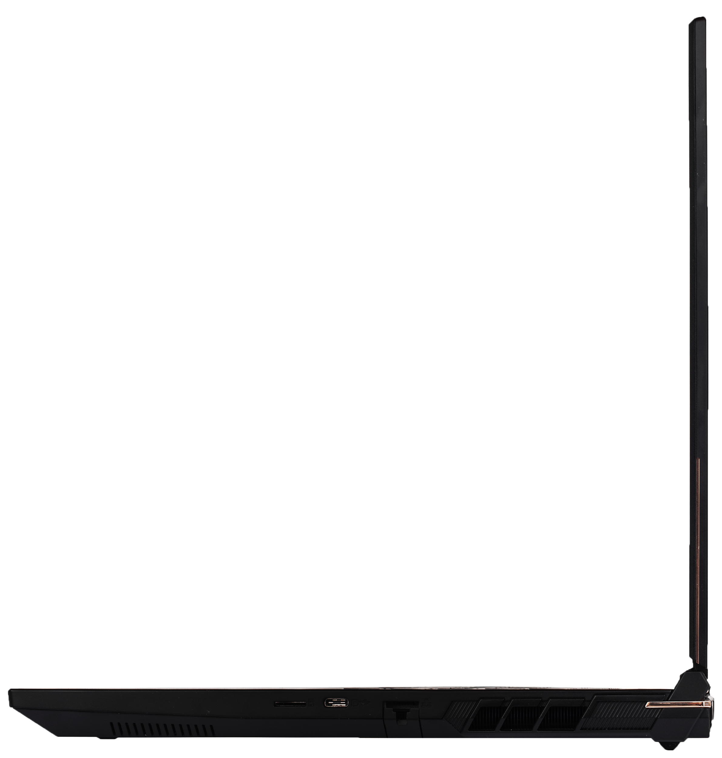 A right profile view of the Oryx Pro laptop’s ports, including USB and Ethernet. 17in model.