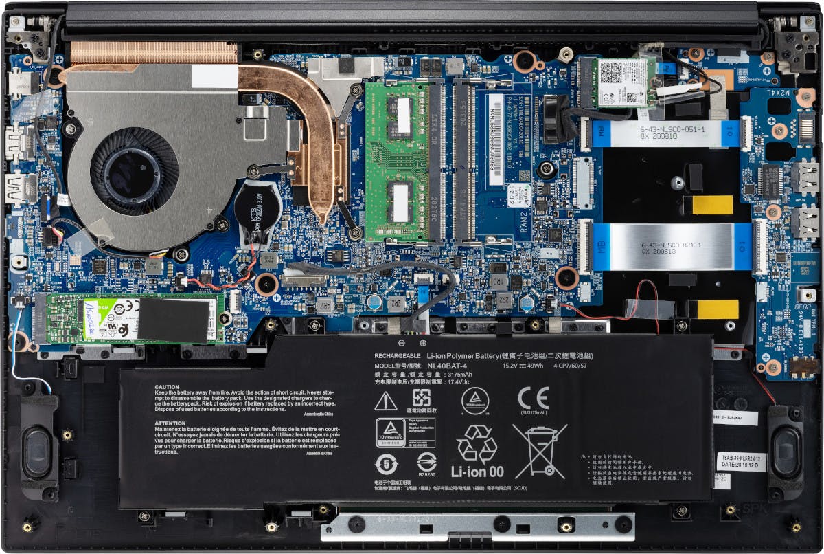 The inner workings of the Pangolin laptop, with all hardware exposed.