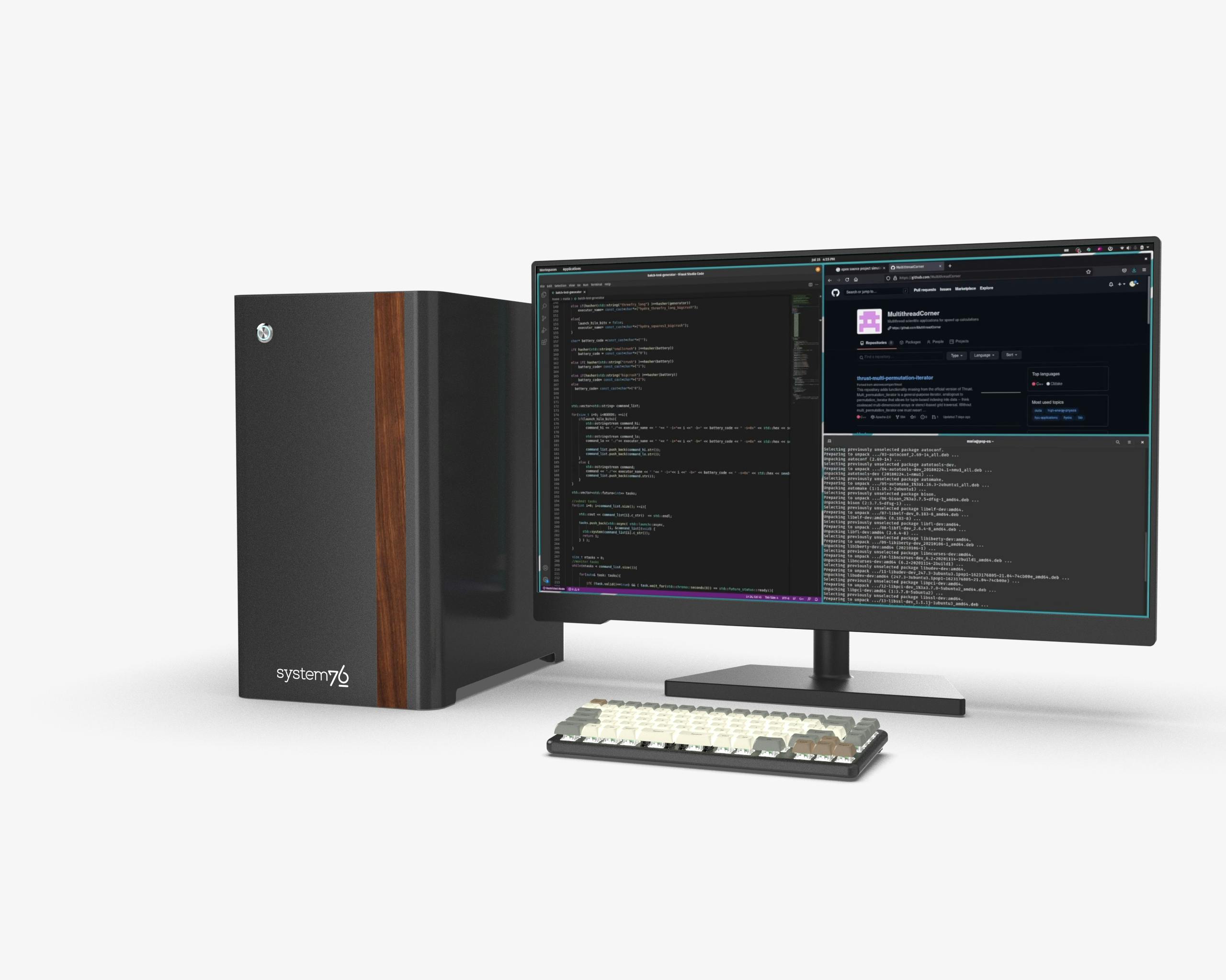 Gif of the Thelio Major connected to an external display. Three windows are tiled using Pop!_OS and show 3D modeling alongside 2D design. The workspace flips to one showing an engineer's workflow. Thelio Major caters to both users effectively.