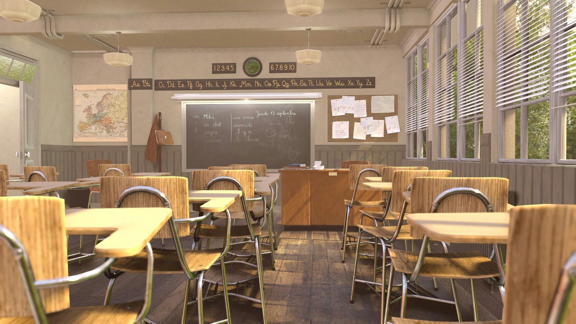 The Blender "classroom" scene. Invisible students sit in their chair-desk units, watching their invisible teacher write notes on a black chalkboard.