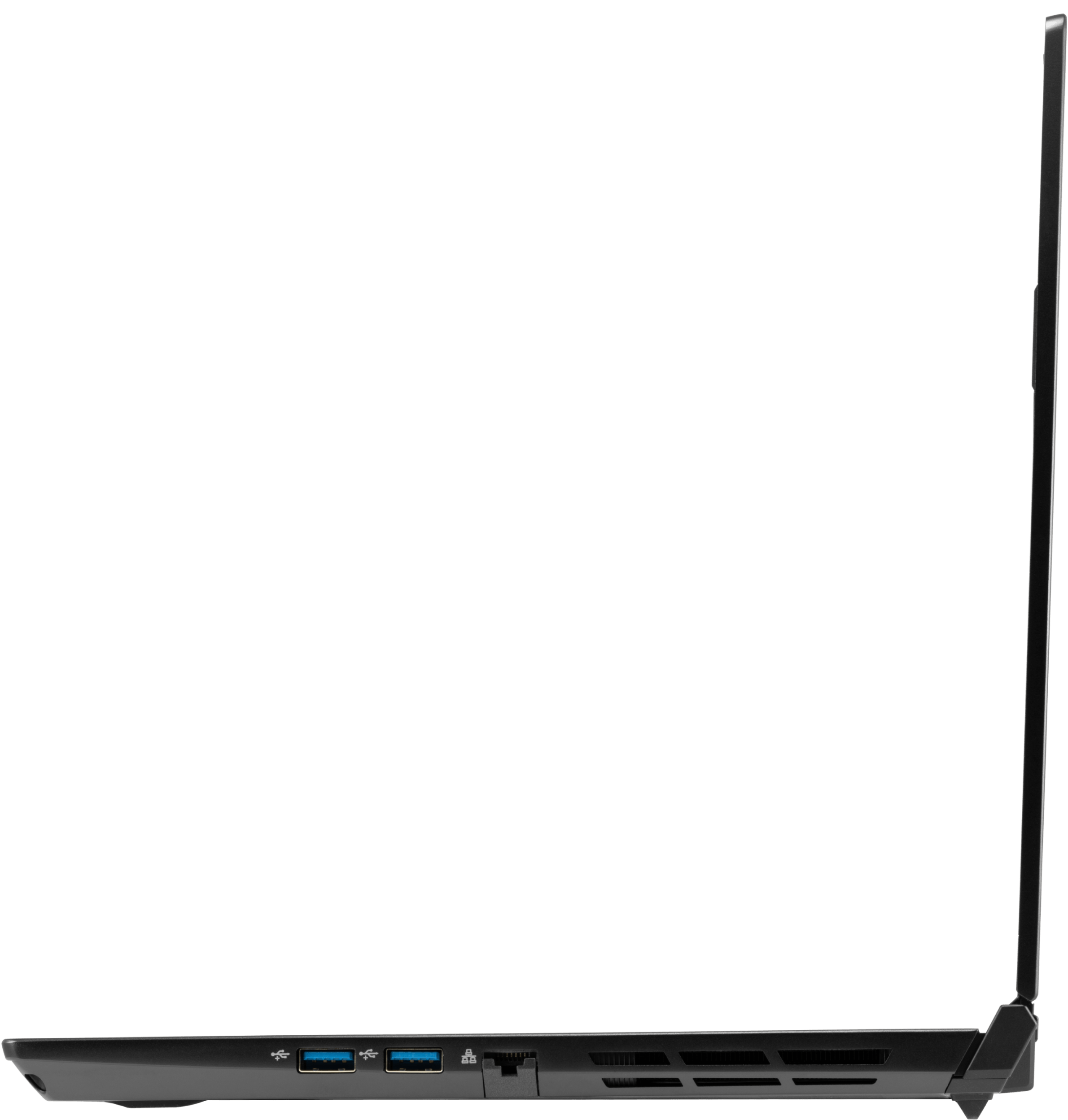 A right profile view of the Oryx Pro laptop’s ports, including USB and Ethernet.