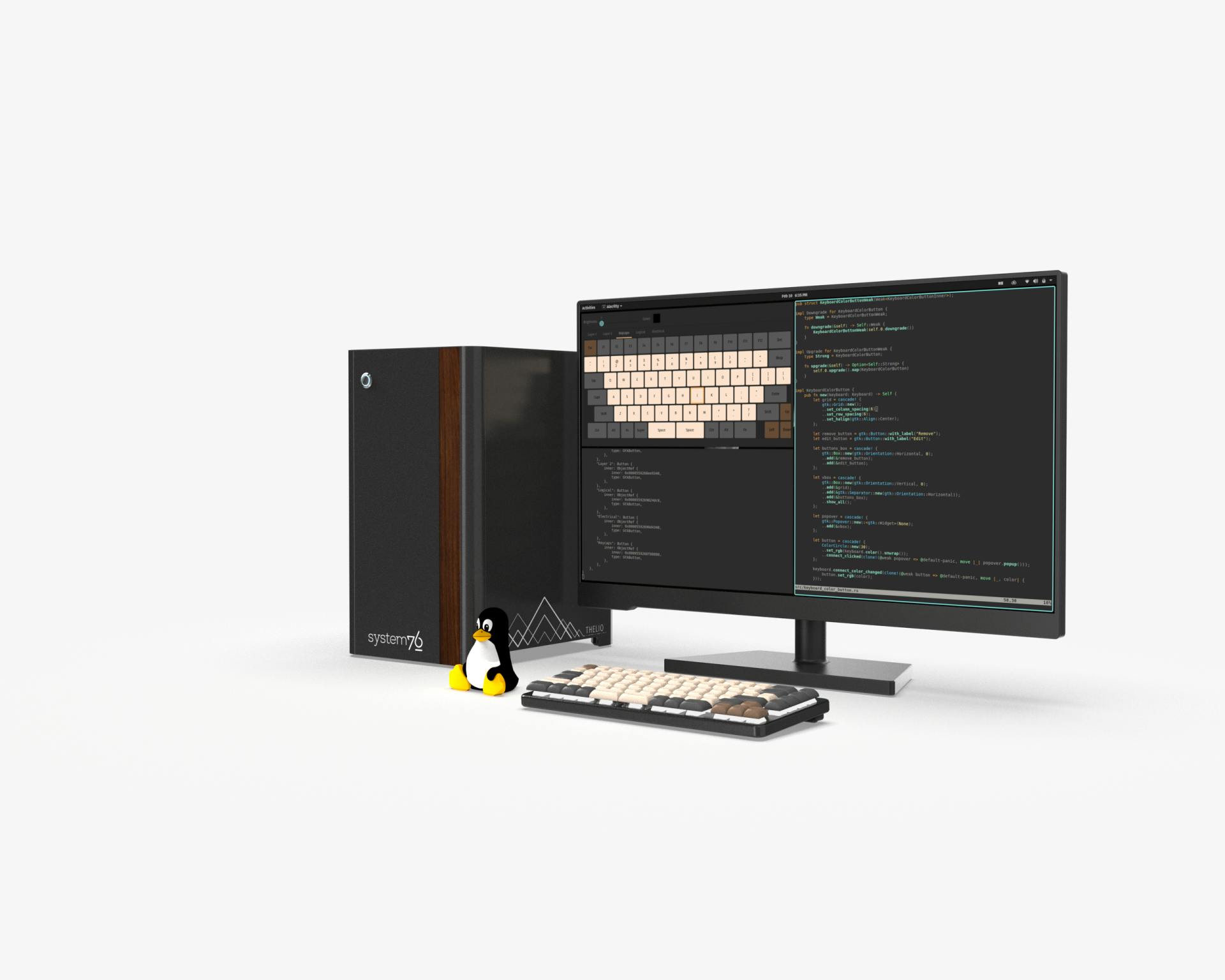 Desk setup with Thelio Mira, Launch keyboard, and a monitor with keyboard configurator application running