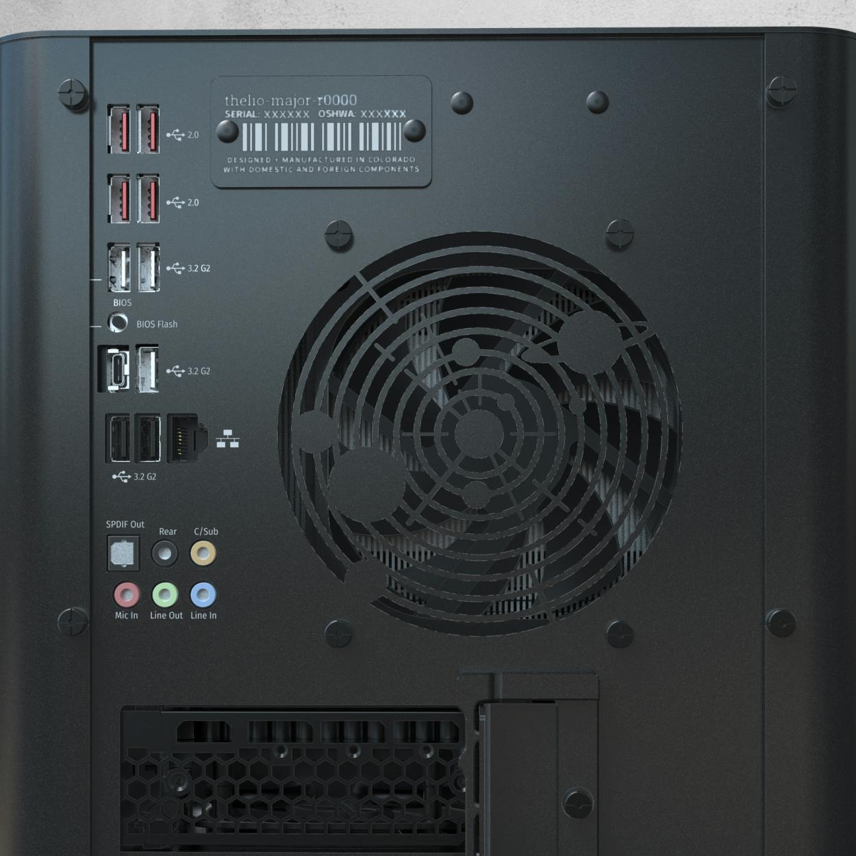 Back view of the machine with ports, the UNIX Epoch exhaust vent, and a plate with the model and serial number.