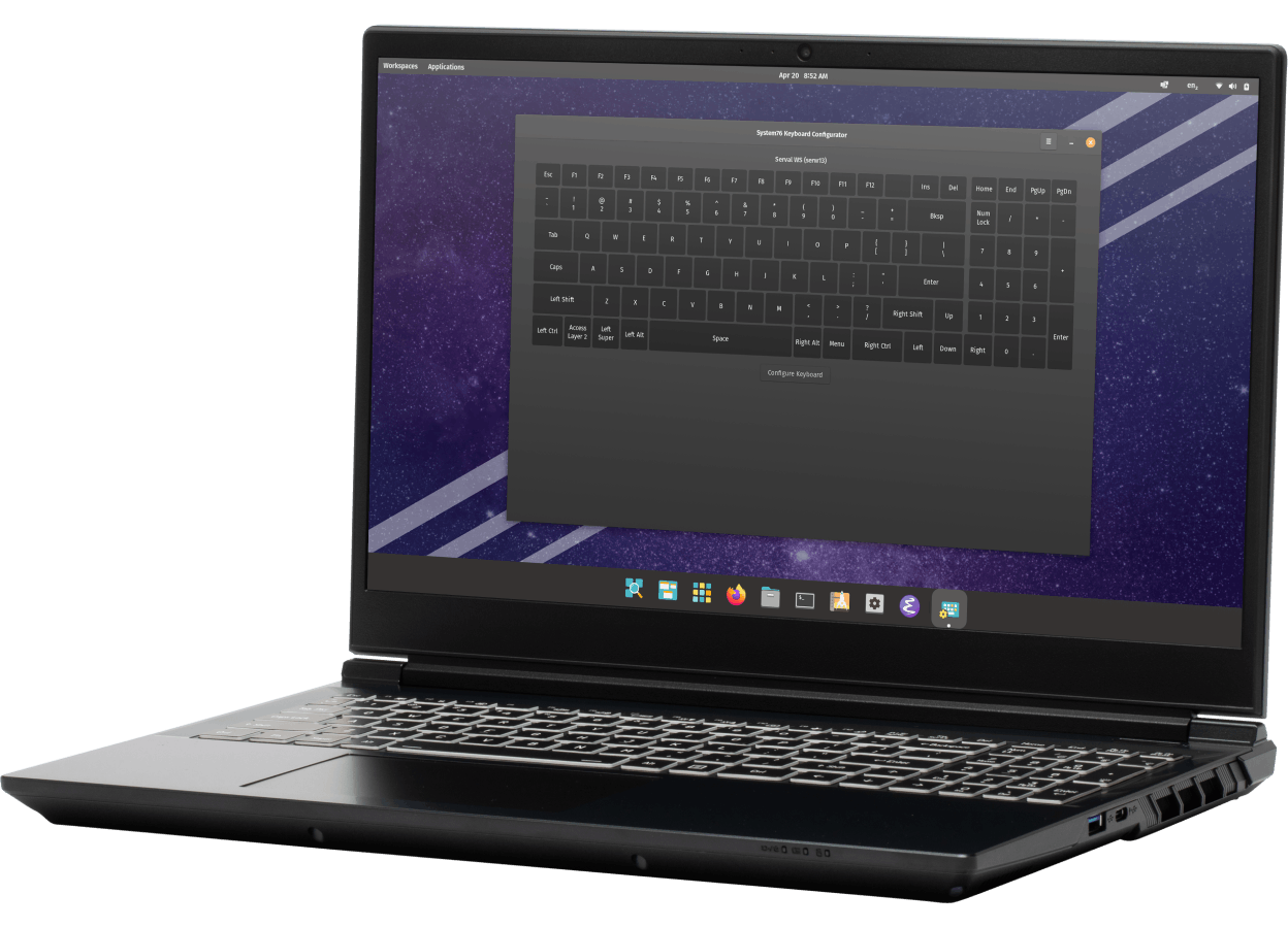 Adder WS laptop opened front view with keyboard configurator launched.