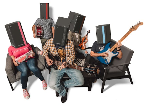 Group shot of the THELIOHEAD band holding instruments with white background