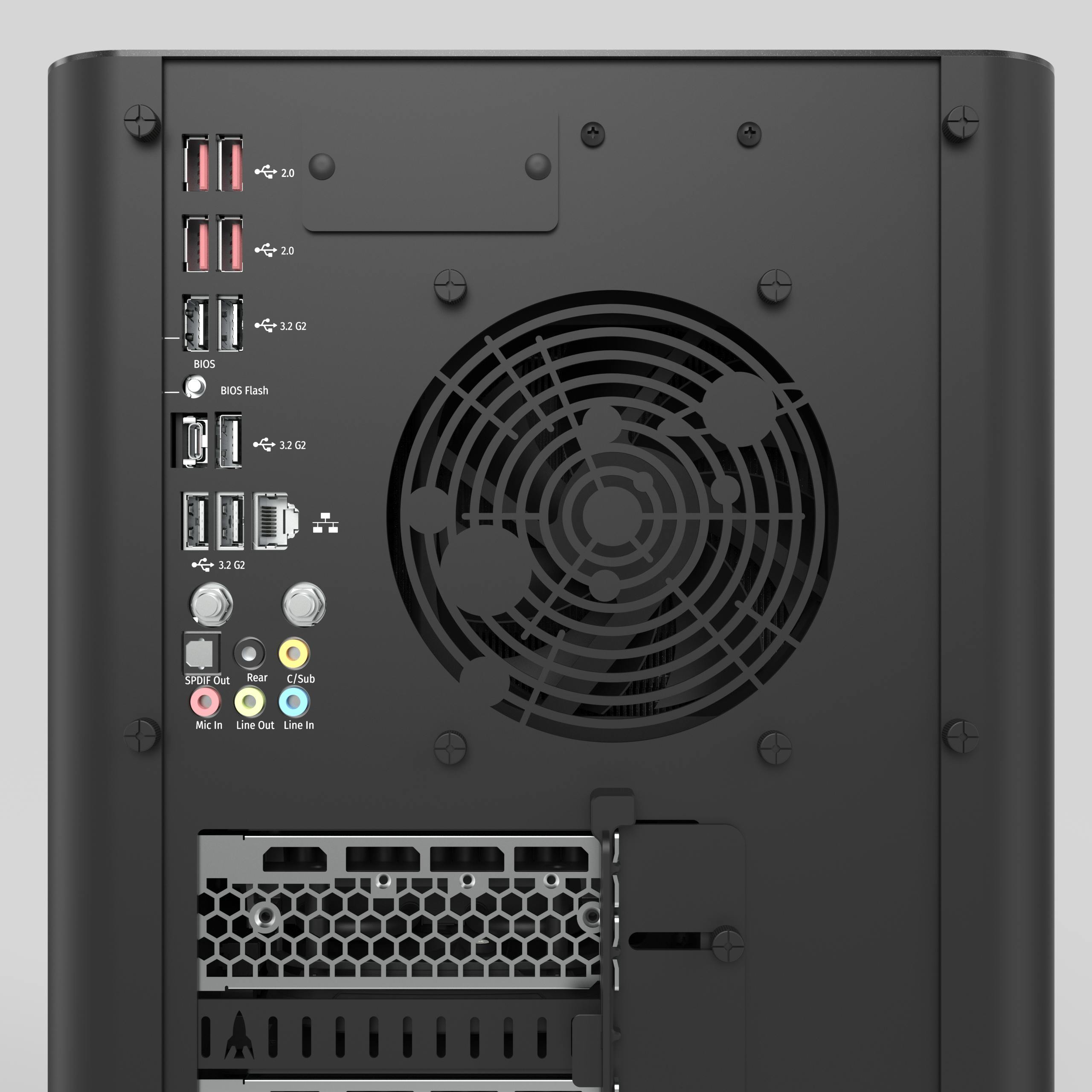 Back view of the machine with ports, the UNIX Epoch exhaust vent.