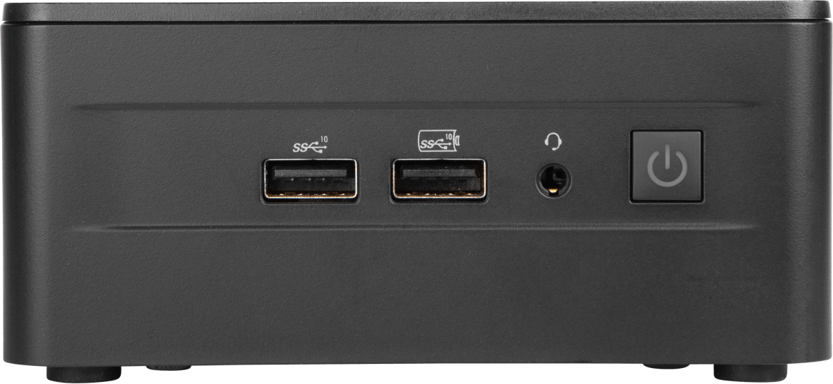 A front-facing view of the Meerkat Mini Desktop, tall version, featuring two USB 3.2 Gen 2 (Type-A) front ports and audio combo jack (speakers and mic).