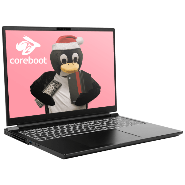 Oryx Pro laptop quarter-turned right with coreboot and Tux the penguin with a santa hat as a wallpaper