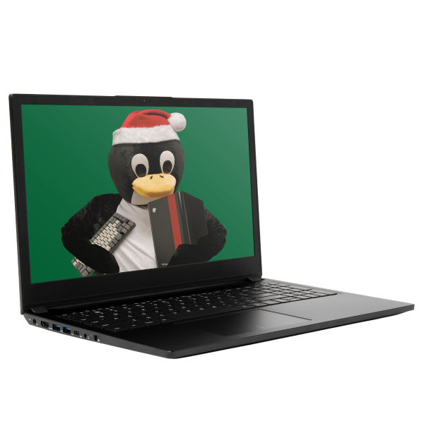 Pangolin Laptop quarter-turned to the right with tux as a wallpaper