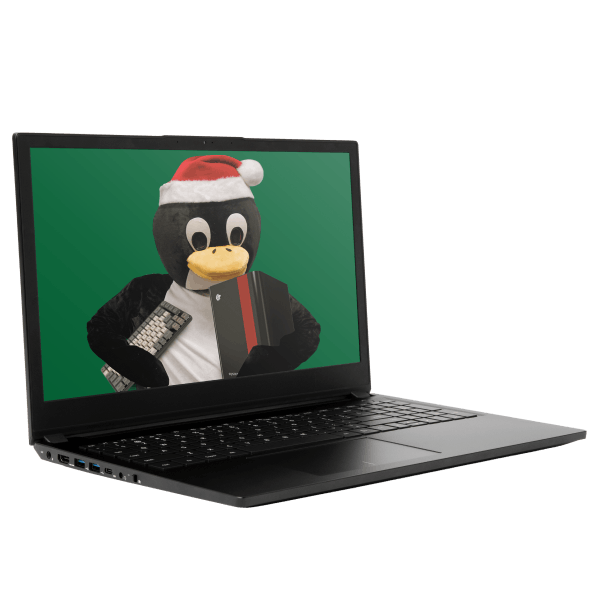 Pangolin Laptop quarter-turned to the right with tux as a wallpaper