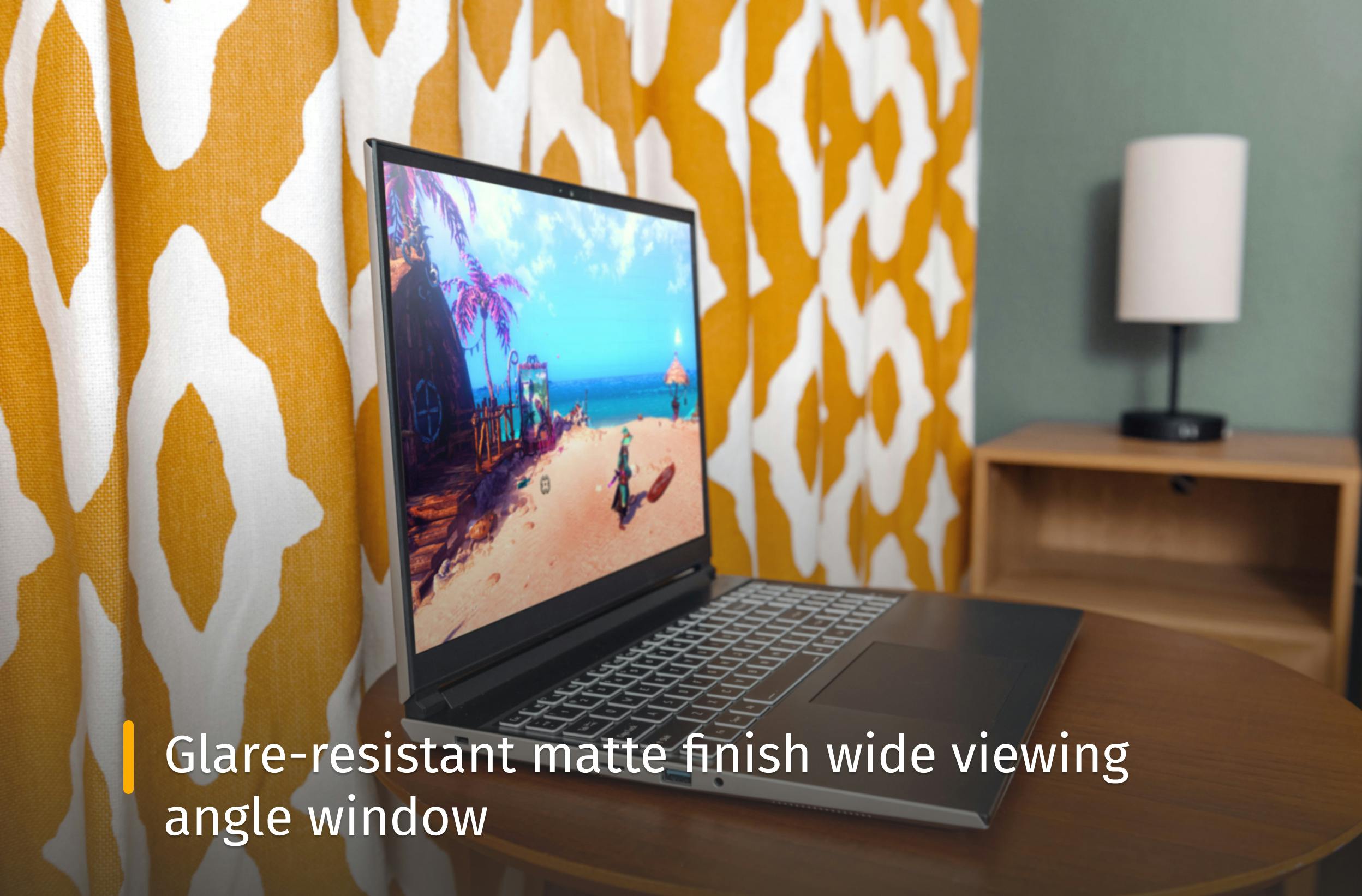 Darter Pro on a table next to yellow curtains and text that reads "Glare-resistant matte finish wide viewing angle window"