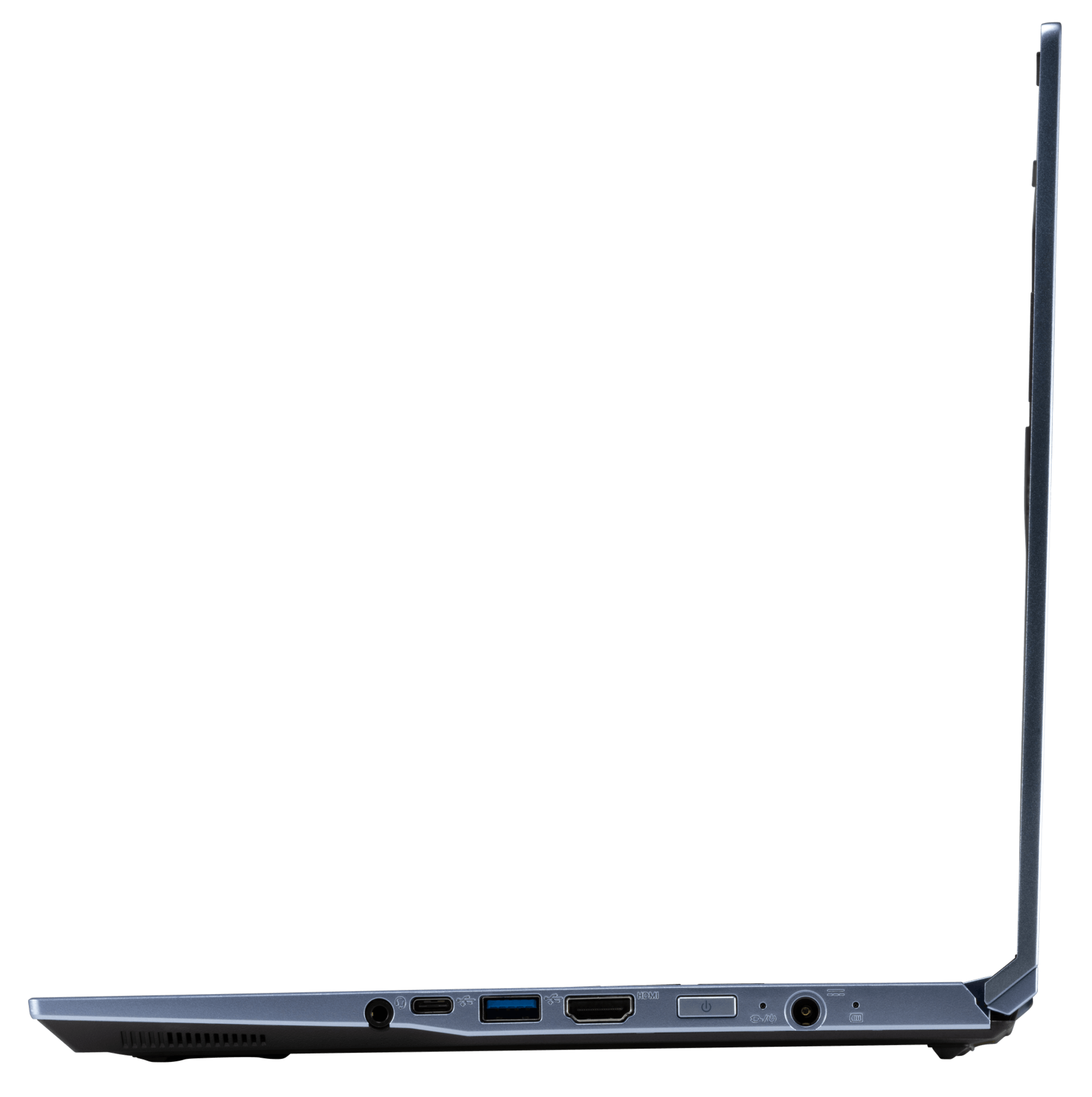 A right profile view of the Galago Pro laptop’s ports, including audio jack, USB-C, USB, HDMI, and charging port.