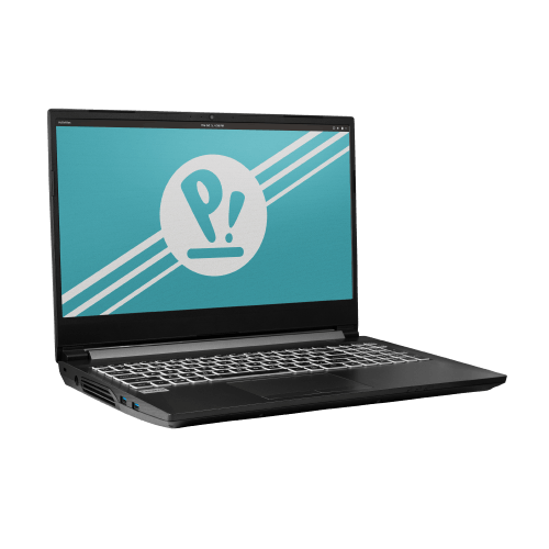 The Kudu laptop with the Pop!_OS wallpaper on screen.