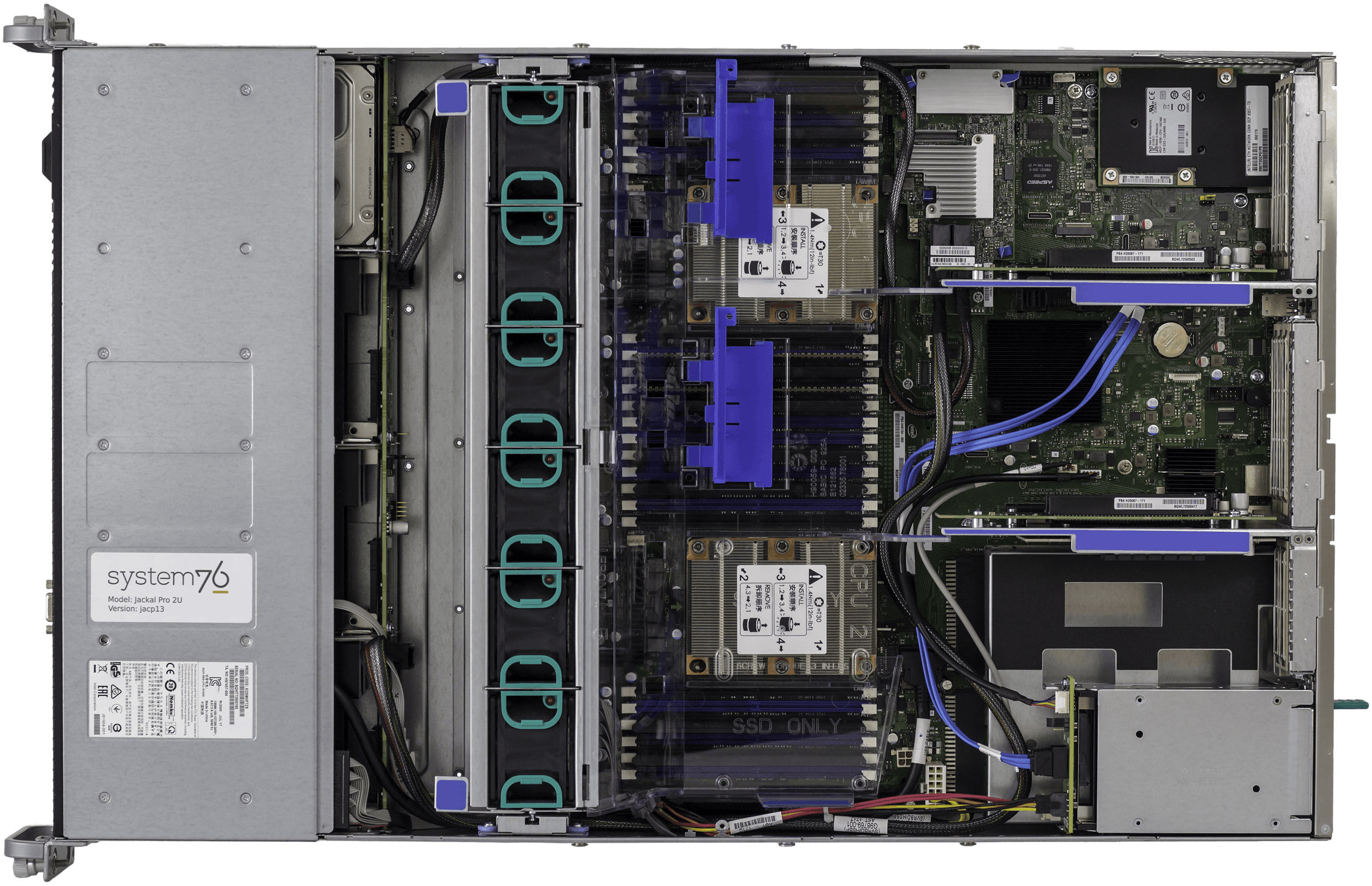 The inner workings of the Jackal Pro 2U, with all hardware exposed.