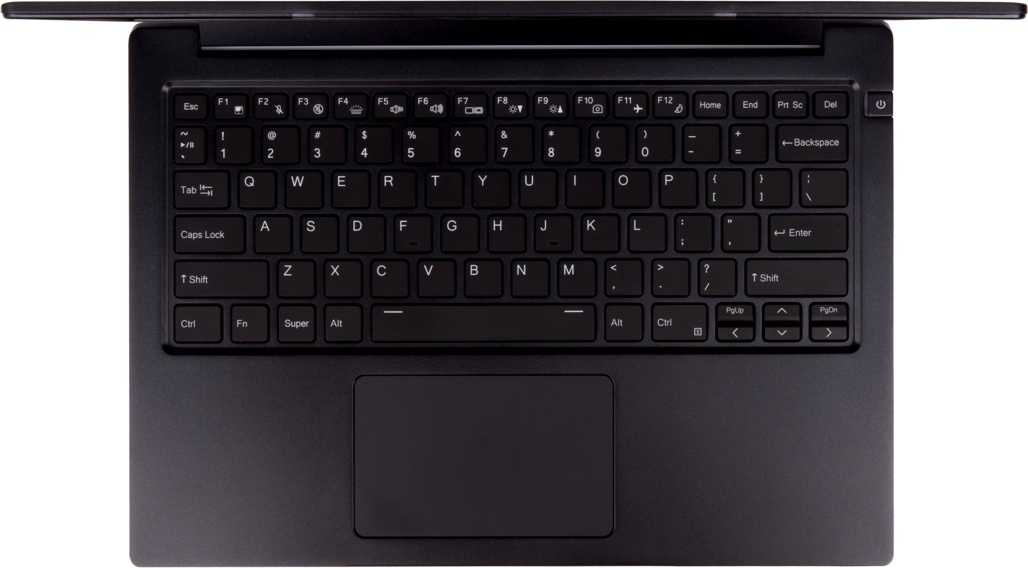 A top-down view of the Lemur Pro laptop’s keyboard and trackpad. 