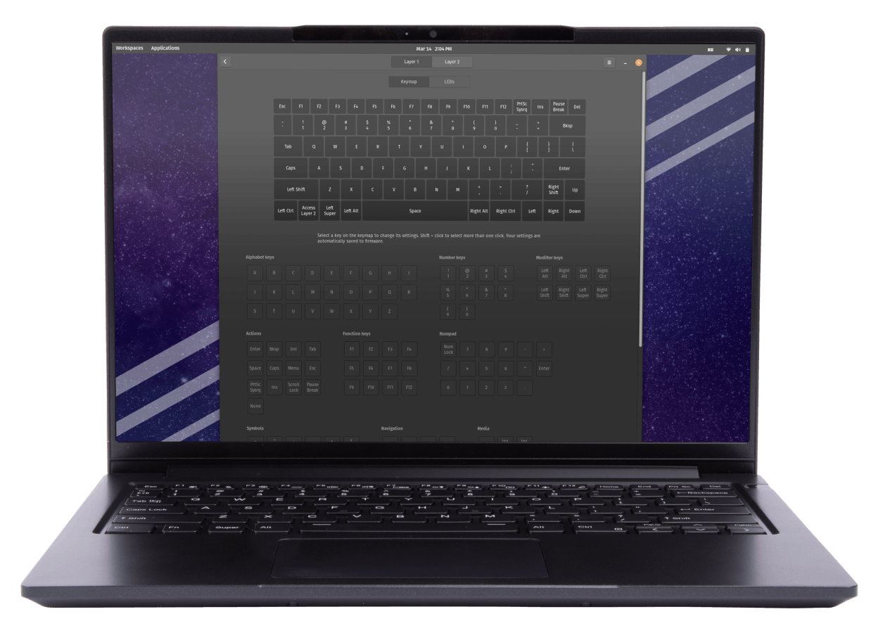 System76 Lemur Pro from the front with the Keyboard Configurator launched.