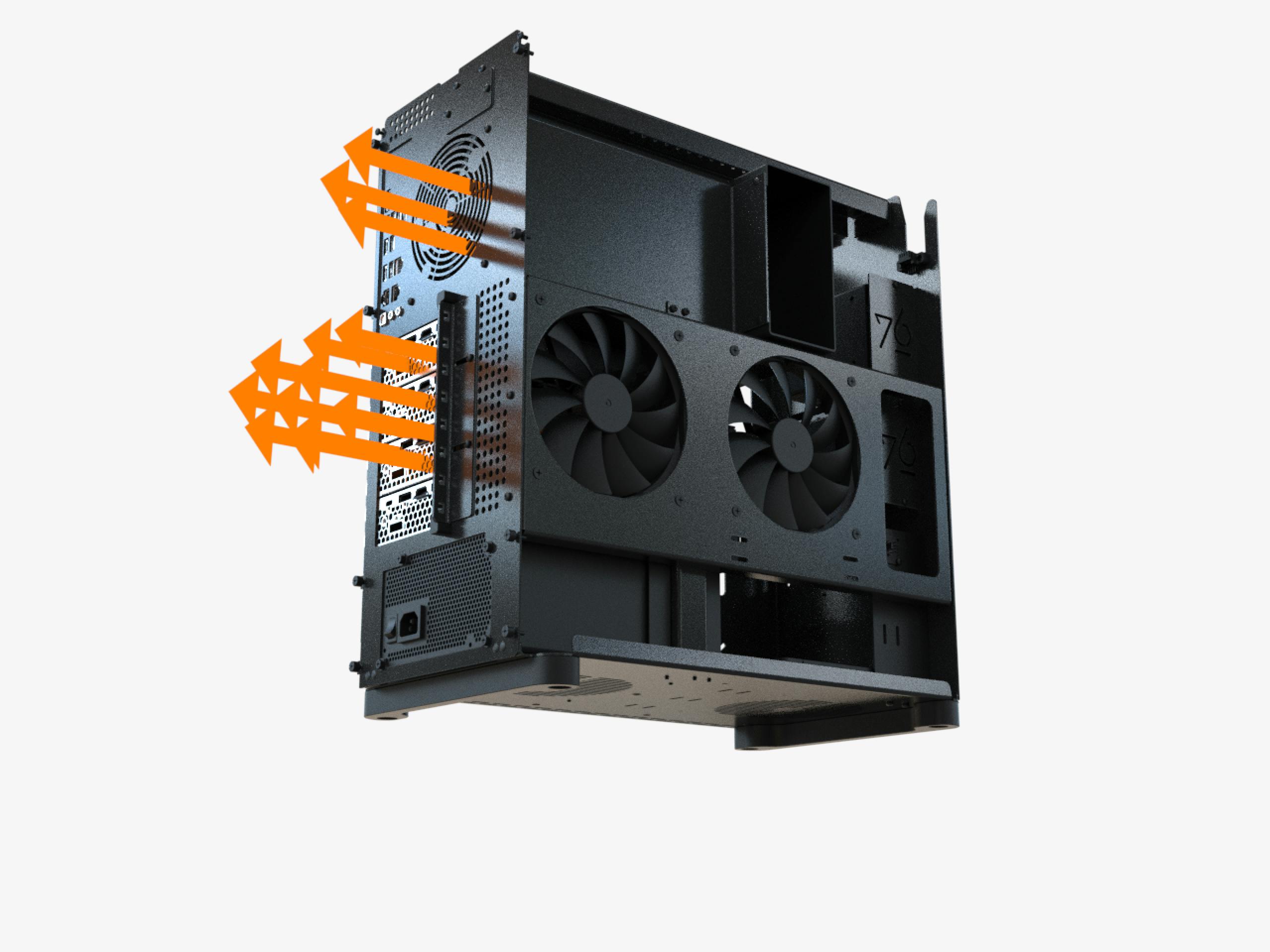 The air flows through the duct to cool the CPU, and is separated from the airflow cooling the GPU.