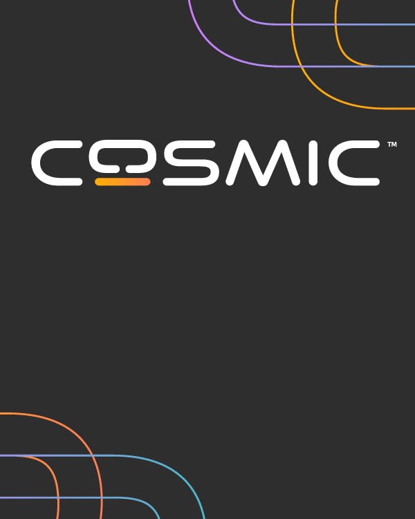 The new COSMIC logo, featured prominently. The open "O" is shaped like a display. Beneath it, an orange underline gradients from orange to red as a nod to customizability.
