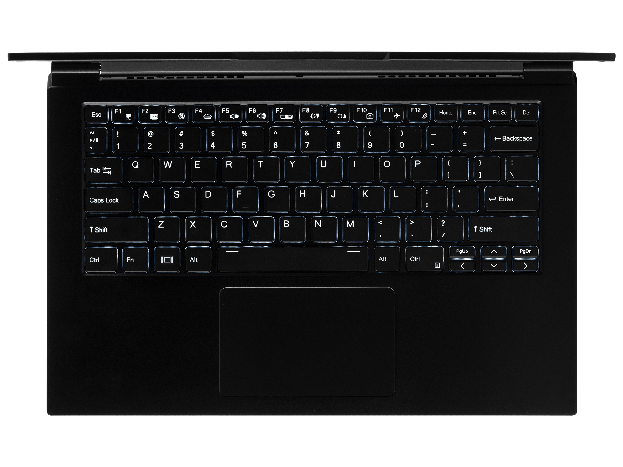A top-down view of the Lemur Pro laptop’s tactile numeric keyboard and large trackpad.