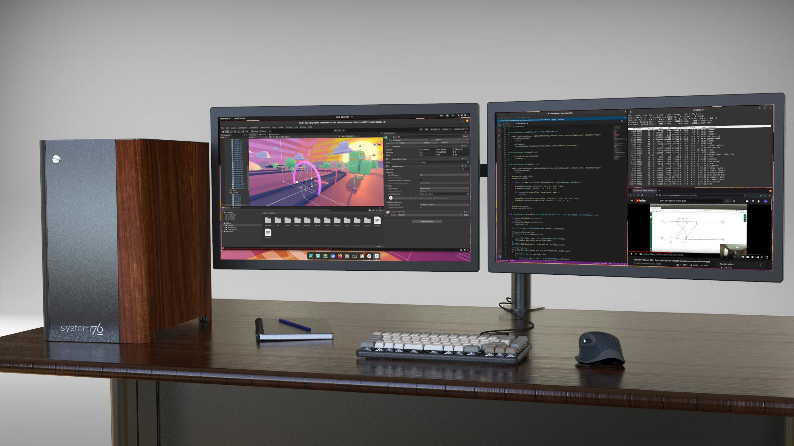 Desk setup with Thelio Major, external monitors, Launch keyboard, and a mouse.