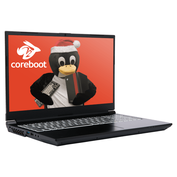 Gazelle laptop quarter-turned right with coreboot and Tux the penguin with a santa hat as a wallpaper