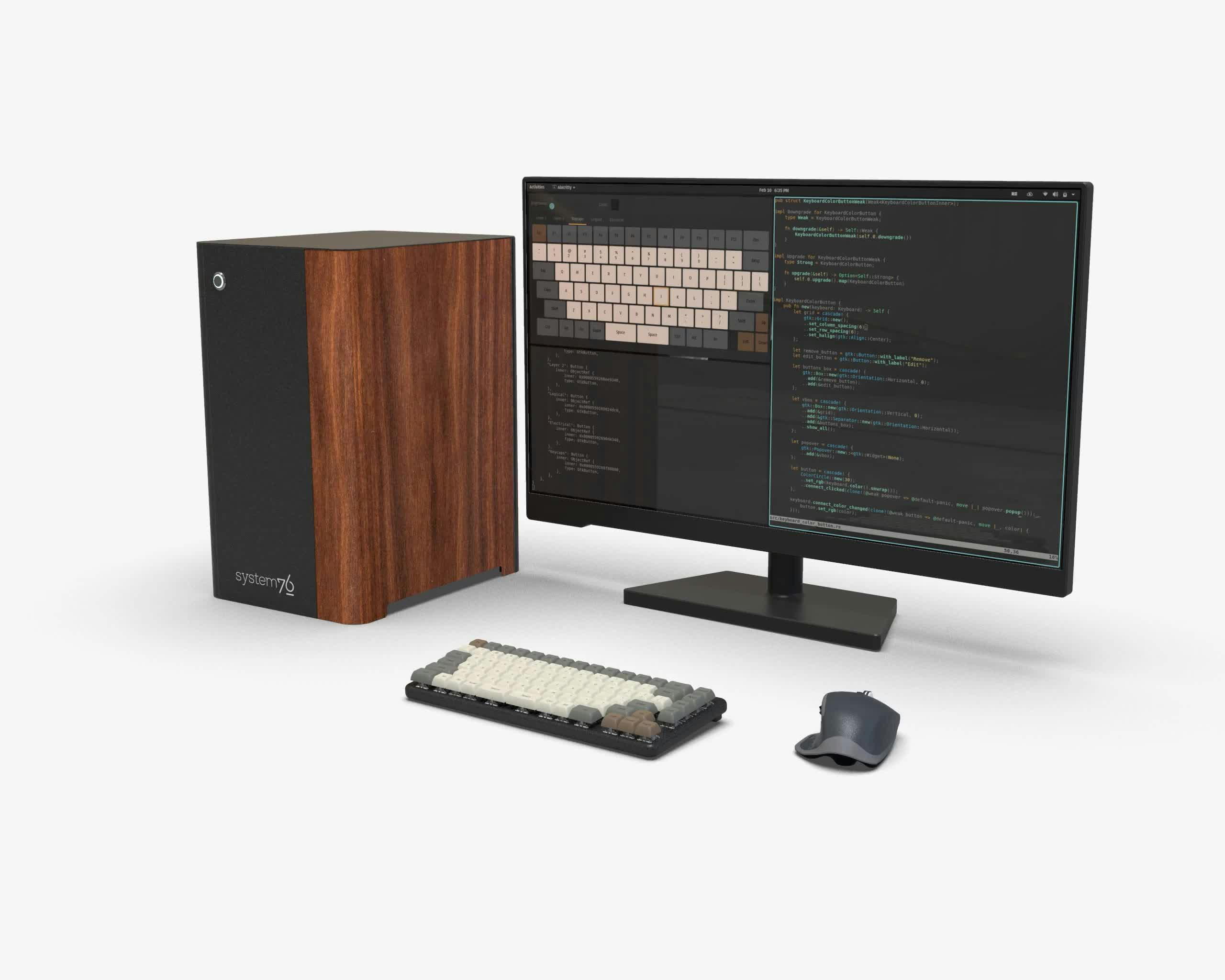 Desk setup with a Thelio workstation, an external display, and the Launch keyboard where brown, red, or blue keycaps of the Escape and Arrow keys match the colored veneer on a Thelio machine.