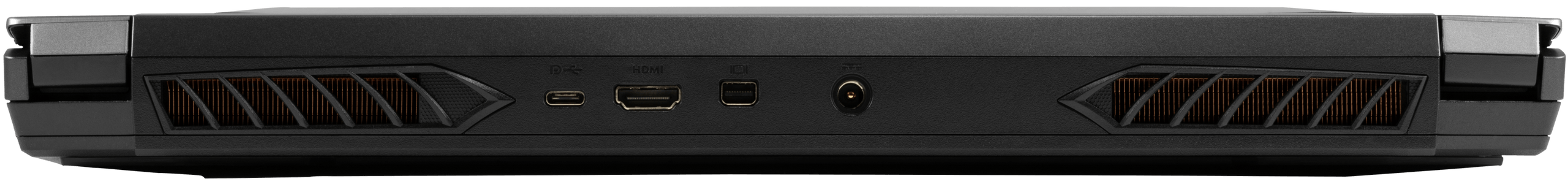 A rear view of the Serval WS laptop’s ports, including USB-C, HDMI, mini DisplayPort, and charging port.