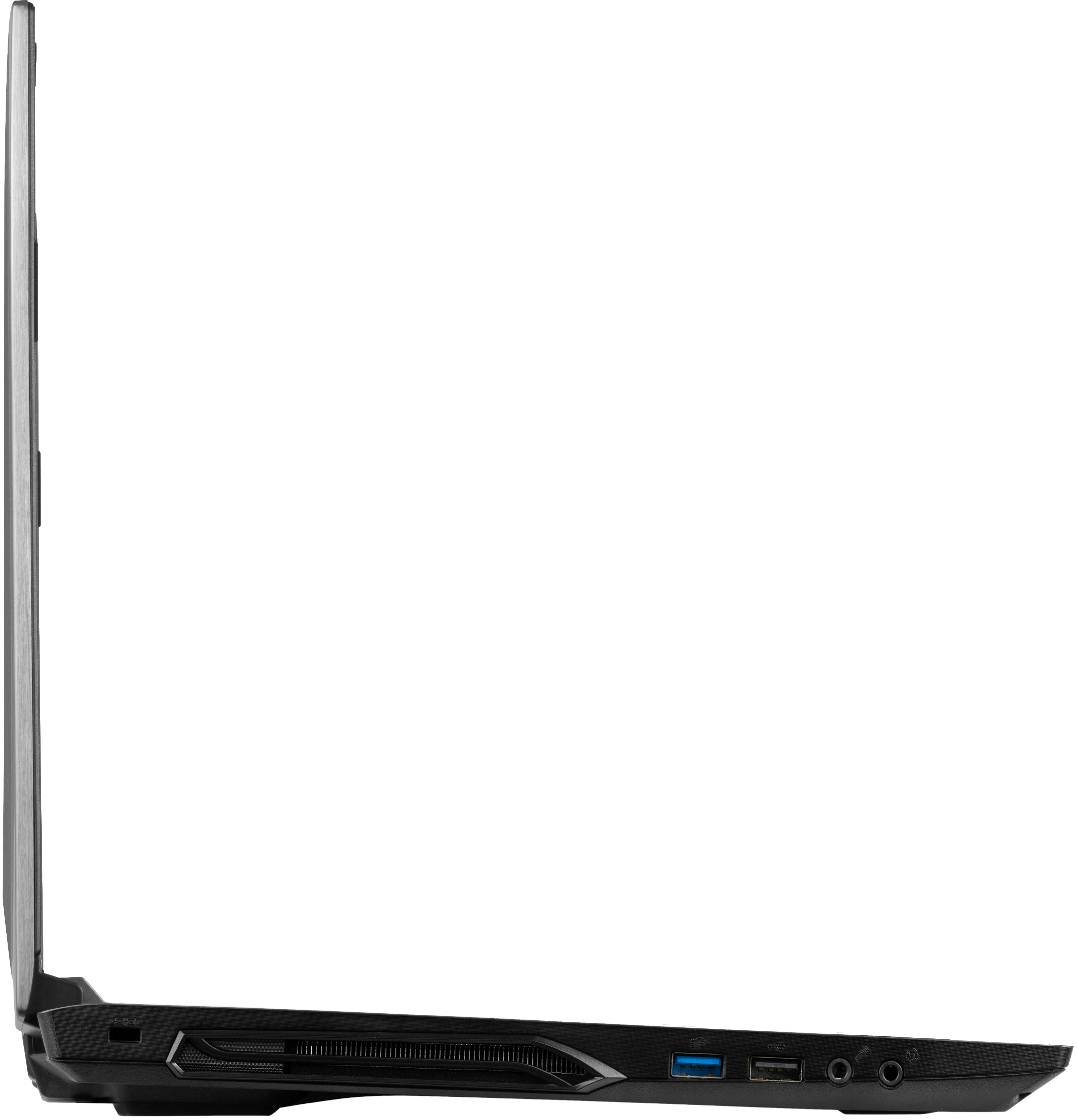 A left profile view of the Gazelle laptop’s ports, namely Kensington Lock, USB, mic, & audio jack.