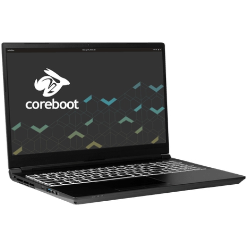 The Oryx Pro laptop with the Pop!_OS wallpaper on screen.