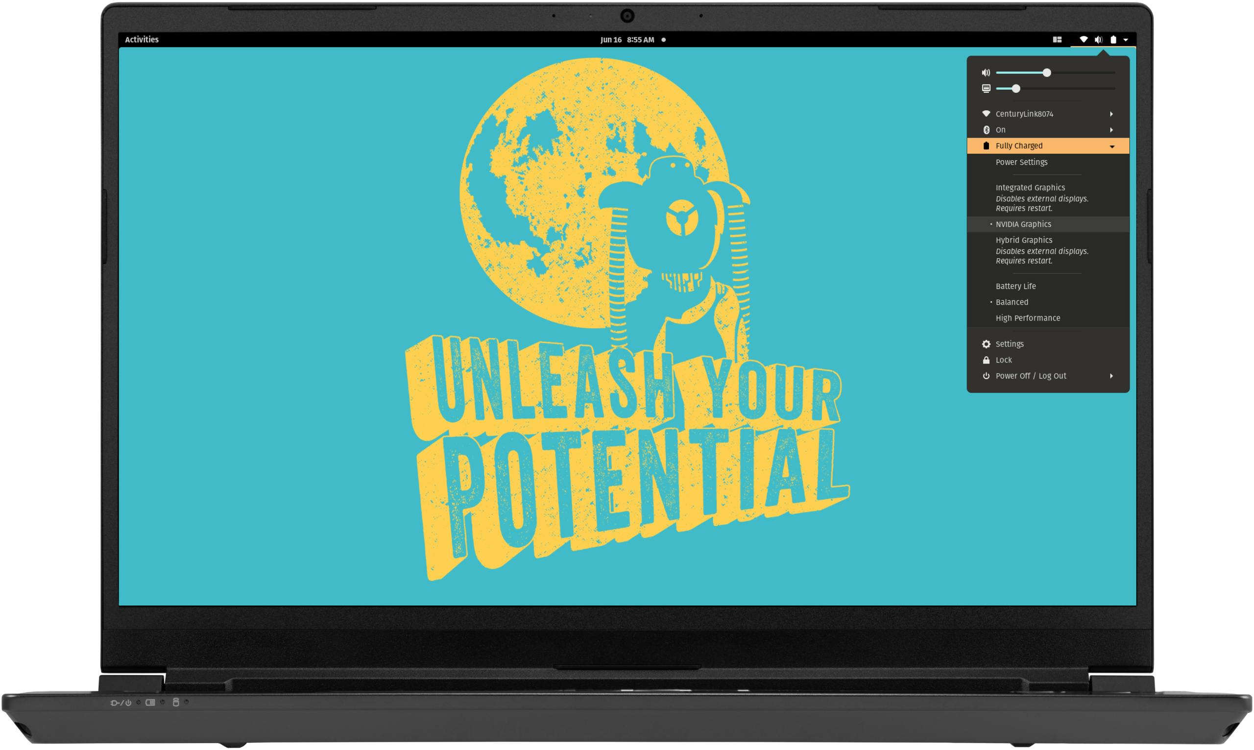 A head-on view of the Oryx Pro laptop displaying graphics mode options in Pop!_OS.
