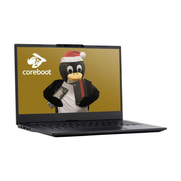 Lemur laptop quarter-turned right with coreboot and Tux the penguin with a santa hat as a wallpaper