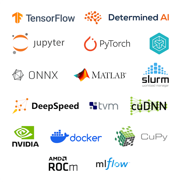 Logos of programs compatible System76 computers including: Tensorflow, Determined AI, Jupyter, PyTorch, Trident, Onnx, Matlab, Slurm Workload Manager, DeepSpeed, TVM, CUDNN, NVIDIA, Docker, CuPy, AMD ROCm, Mlflow