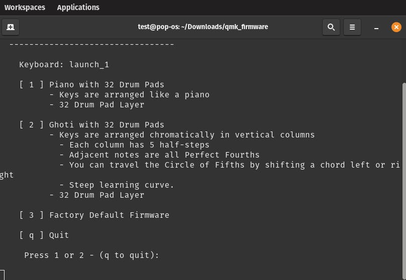 A screenshot of the instrument download selection in the Terminal. Option 1 is a piano, option 2 is a ghoti, with 32 drum pads included in both. Option 3 is the facctory default firmware for the keyboard; q is quit.