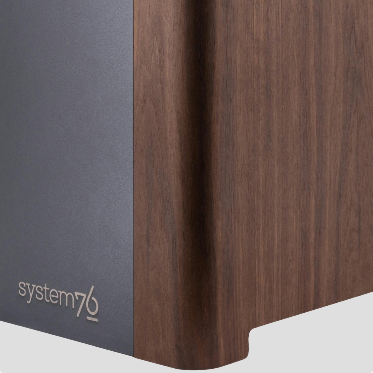 Detail of the exterior showing combination of wood veneer and powder-coated aluminum.