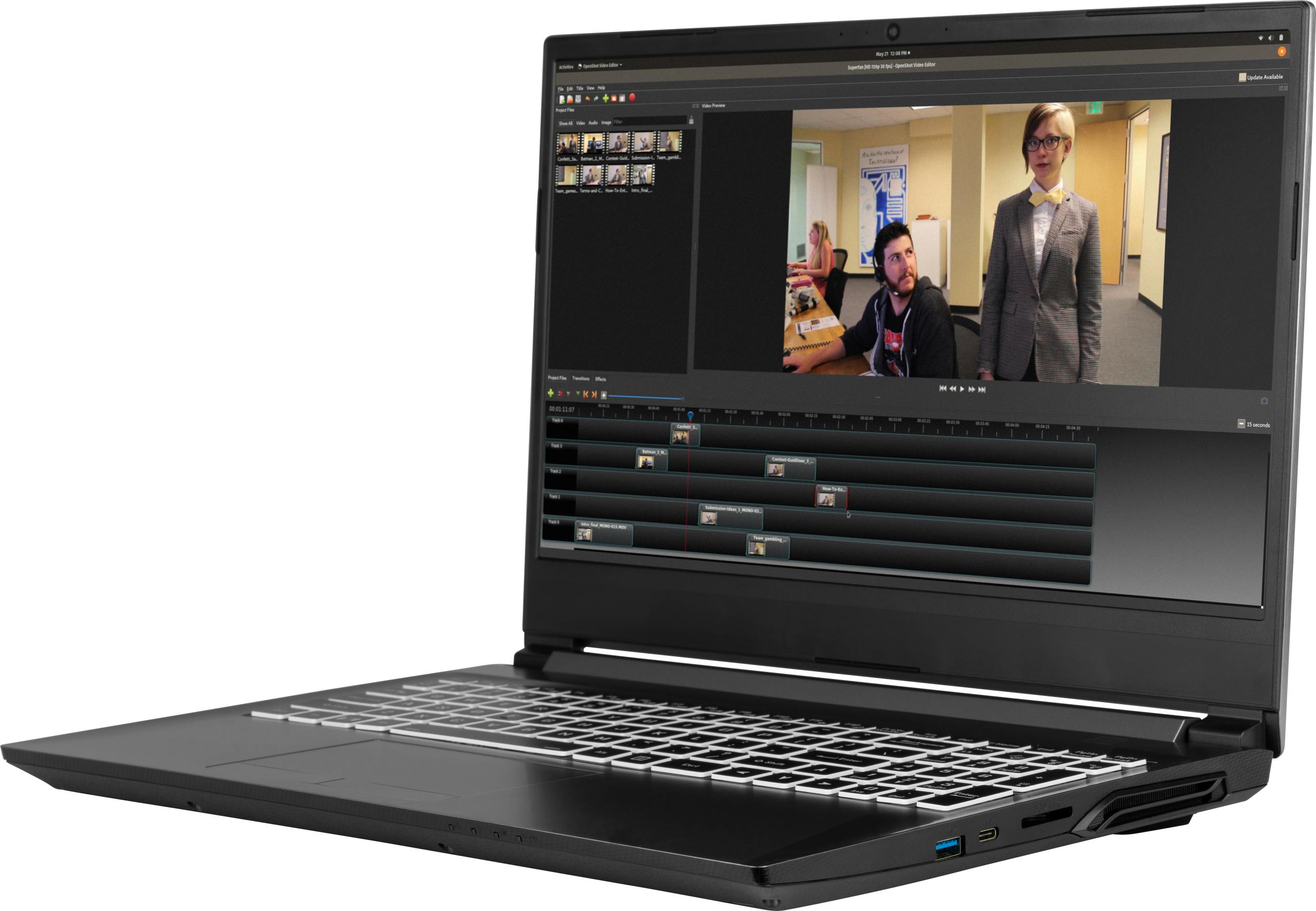 The Gazelle laptop showcasing a video editing timeline in OpenShot.