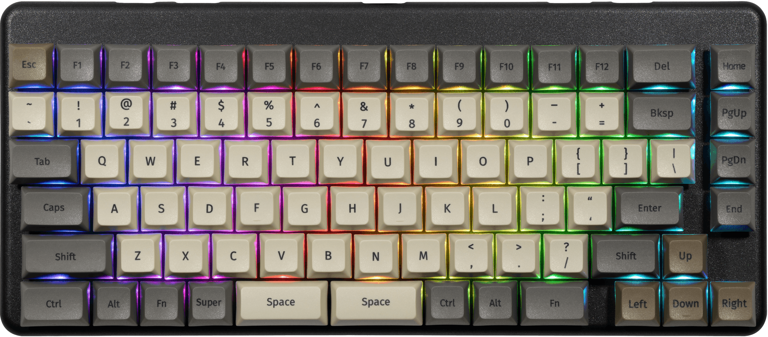 The Launch keyboard layout mainly differs from other keyboards in the arrangement of the bottom row keys, from left to right: Ctrl, Alt, Fn, Super, the split spacebar, Ctrl, Alt, Fn.