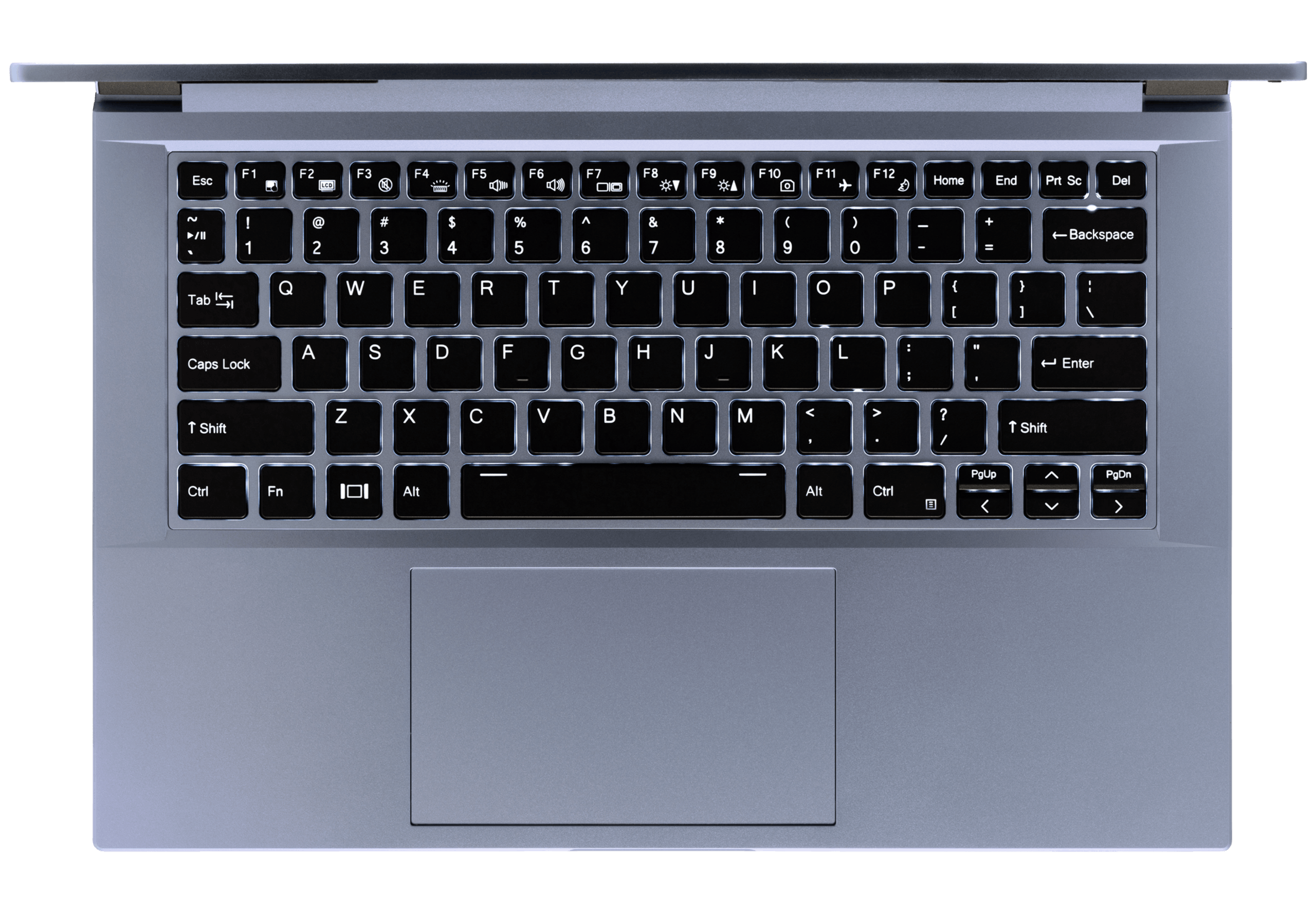 A top-down view of the Galago Pro laptop’s backlit tenkeyless keyboard and large trackpad. 