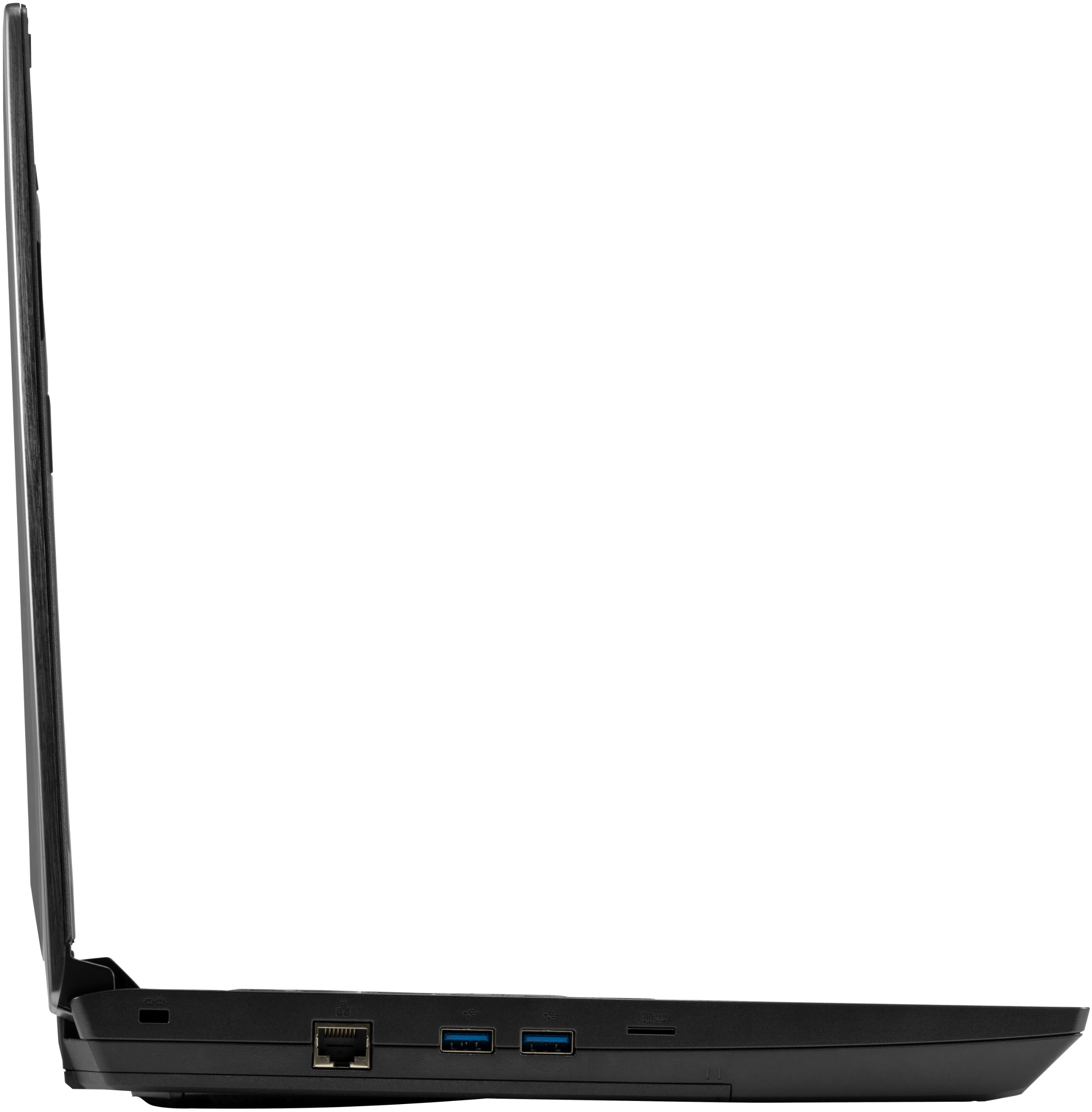 A left profile view of the Serval laptop’s ports, namely Kensington Lock, Ethernet, USB, and microSD.