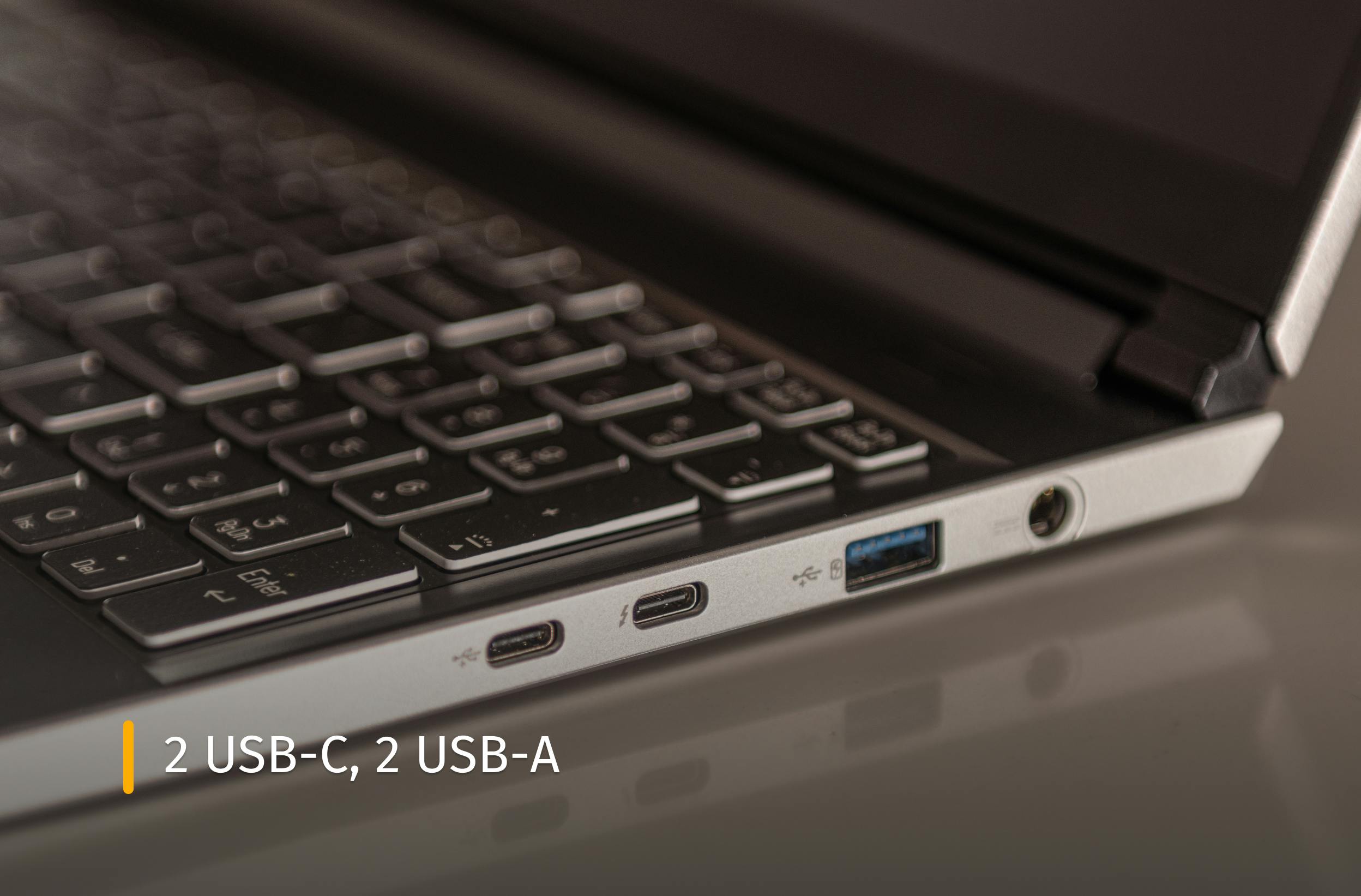Darter Pro close up of ports with text that reads "2 USB-C, 2 USB-A"