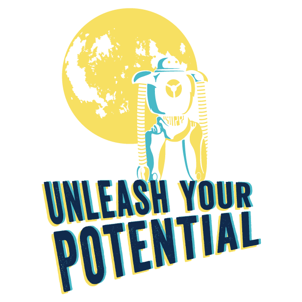 A moon over the robot sentinel Quentiin and the System76 tagline, “Unleash Your Potential”.