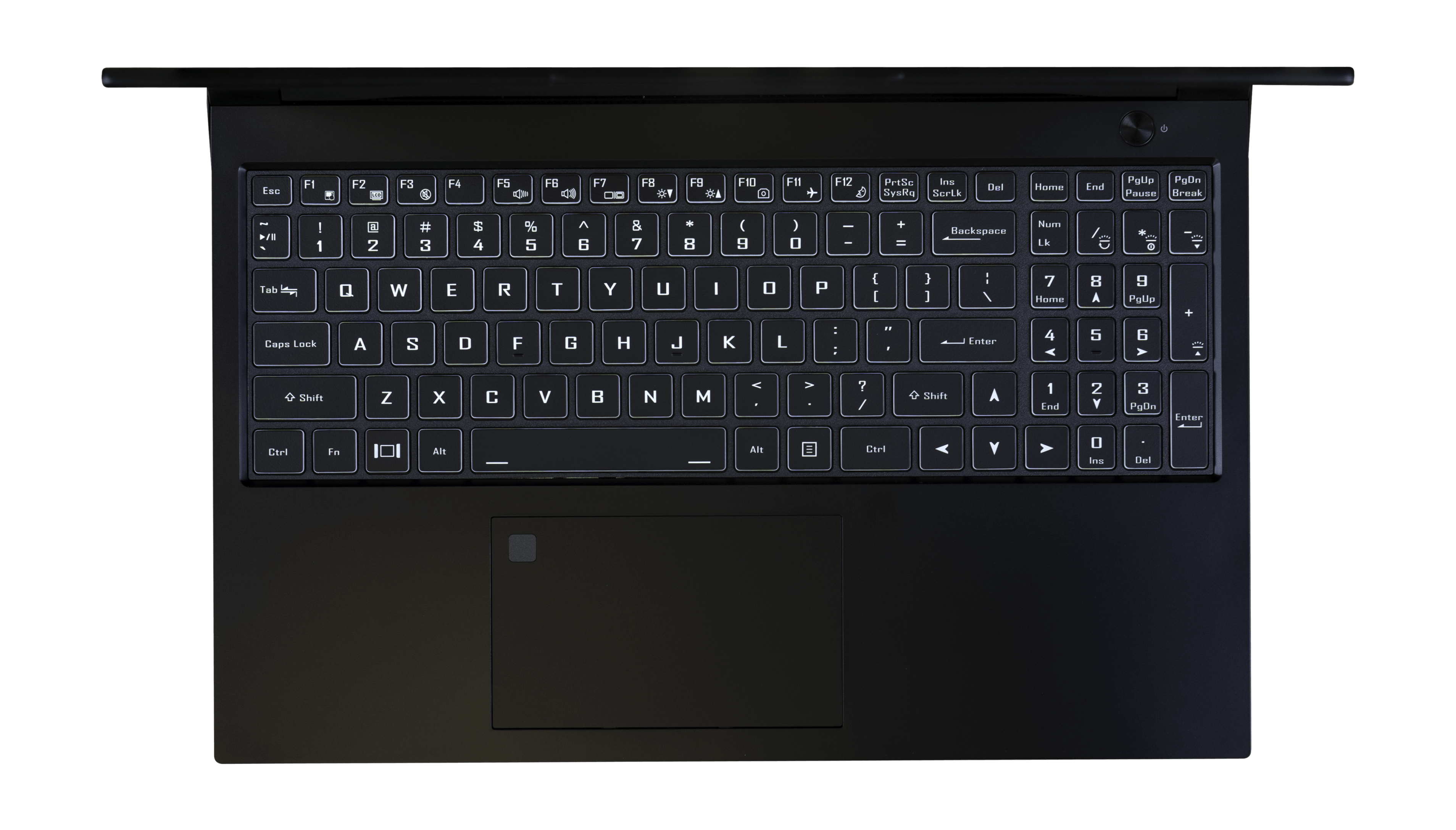 A top-down view of the Oryx Pro laptop’s tactile numeric keyboard and large trackpad. 15in model.