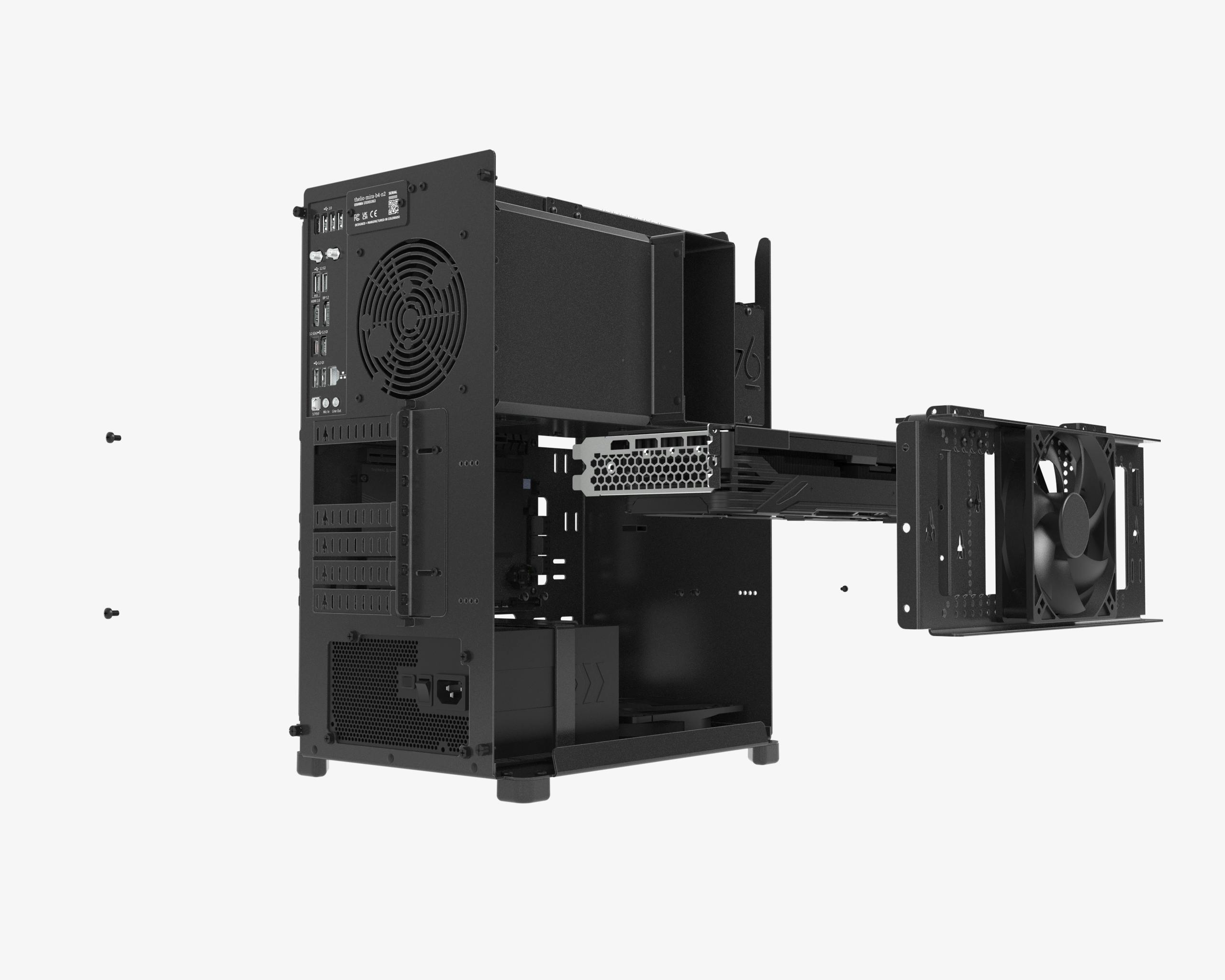 Internal shot of Thelio Mira, revealing the optional fan and internal components coming out of the machine which showcase the ability to upgrade the machine.