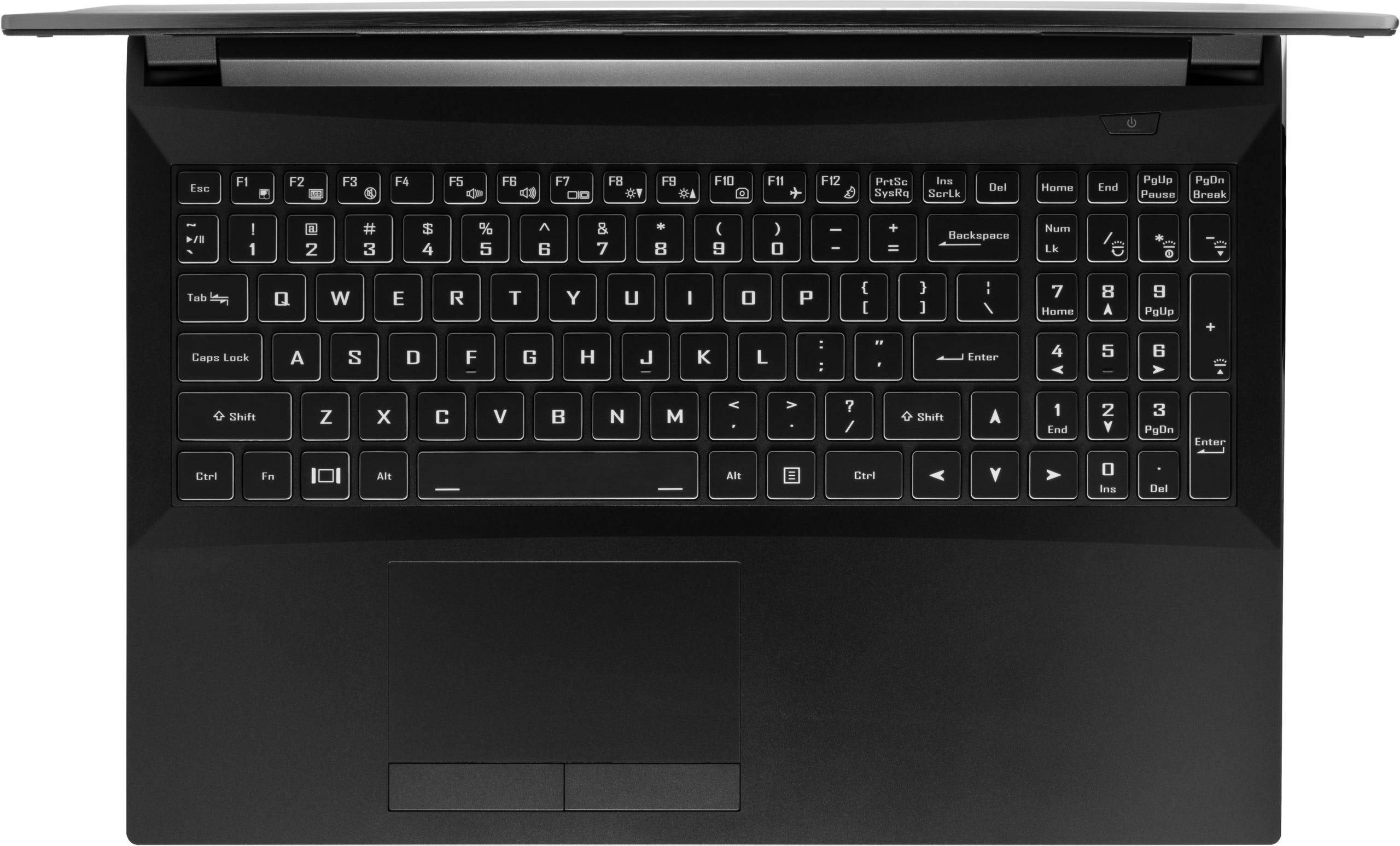 A top-down view of the Serval WS laptop’s tactile numeric keyboard and physical mouse buttons.