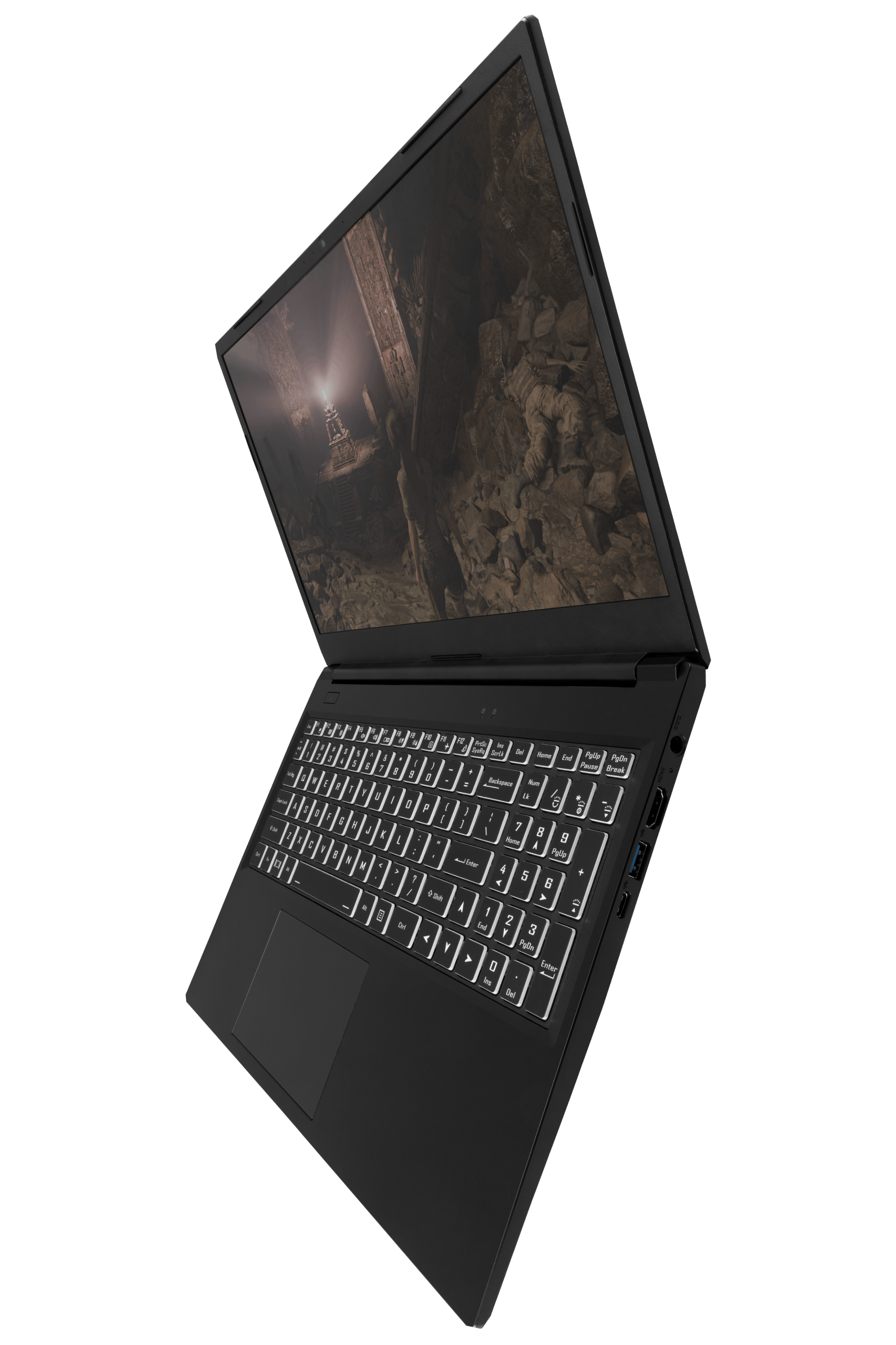 The Pangolin laptop with the lid fully opened at an obtuse angle.