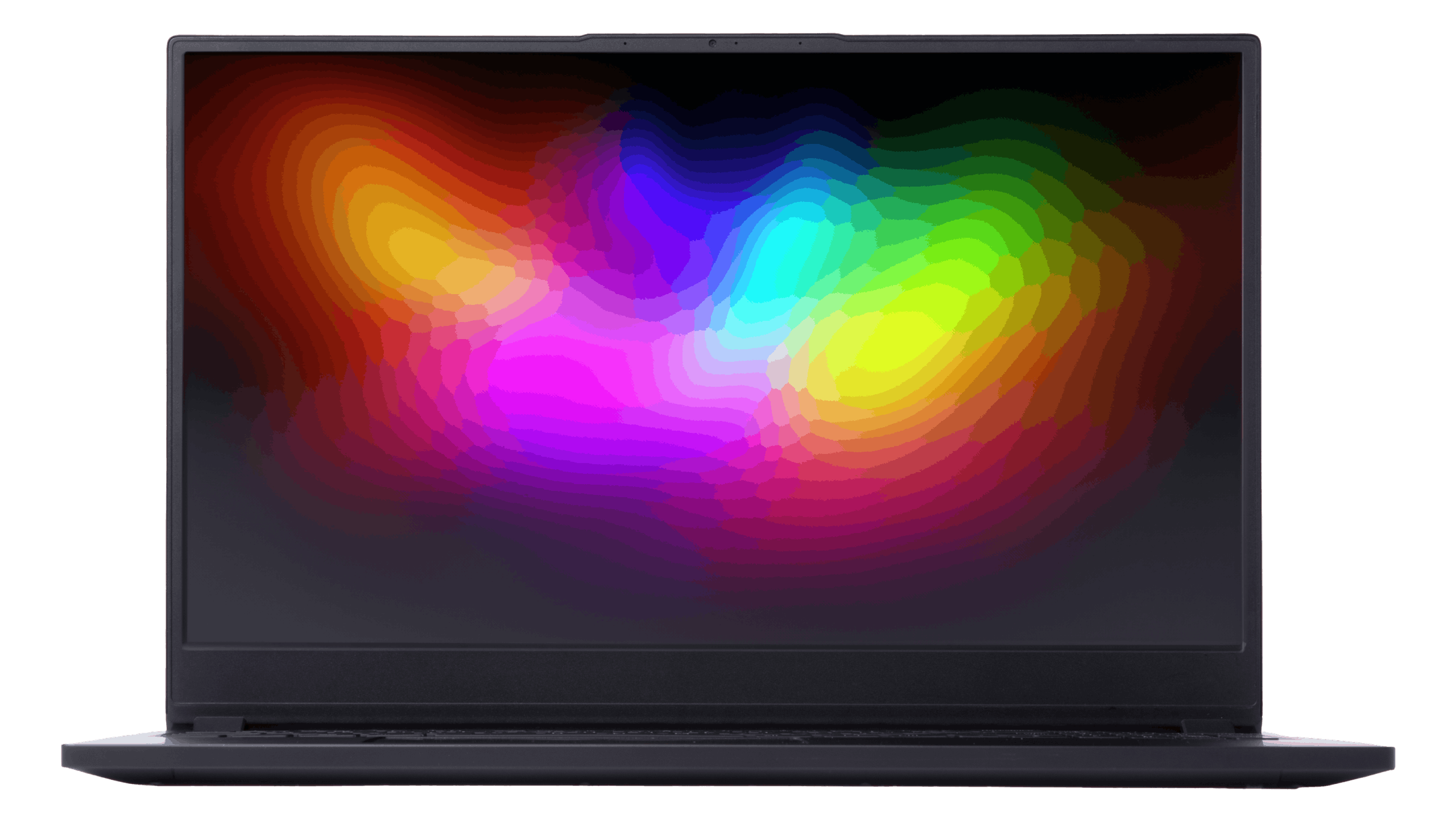 Pangolin laptop with vibrant display of 100% sRGB color pictured from the front with colorful rainbow wallpaper