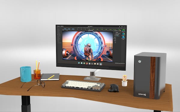 Thelio computer on a desk with Launch keyboard, mouse and monitor showing screenshots from a space-themed video game.