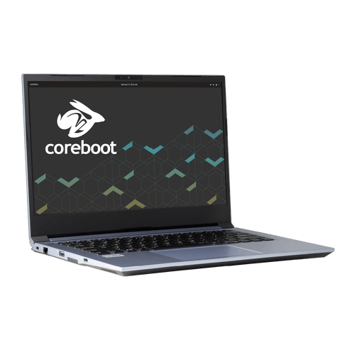 The Galago Pro laptop featuring the logo of the laptop’s firmware base, Coreboot.