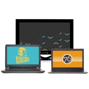 A collection of System76 laptops and displays showing different background art. 
