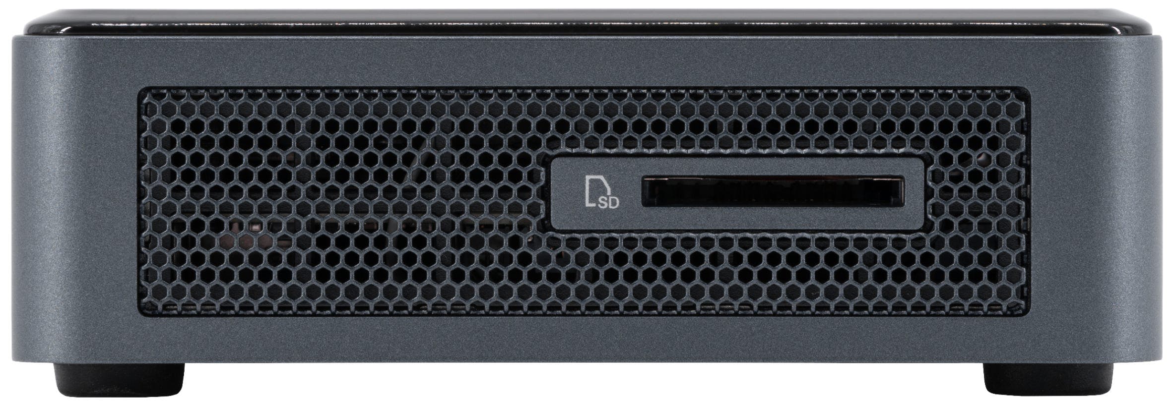 A left profile view of the Meerkat Mini Desktop, featuring an SD card slot (SDXC).